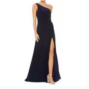 Mac Duggal Jersey Asymmetric One Shoulder Gown in Midnight Navy NWT